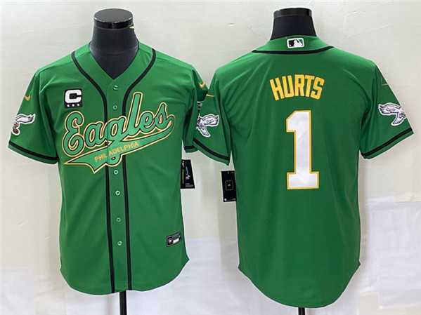 Mens Philadelphia Eagles #1 Jalen Hurts Green With C Patch Cool Base Stitched Baseball Jersey->philadelphia eagles->NFL Jersey
